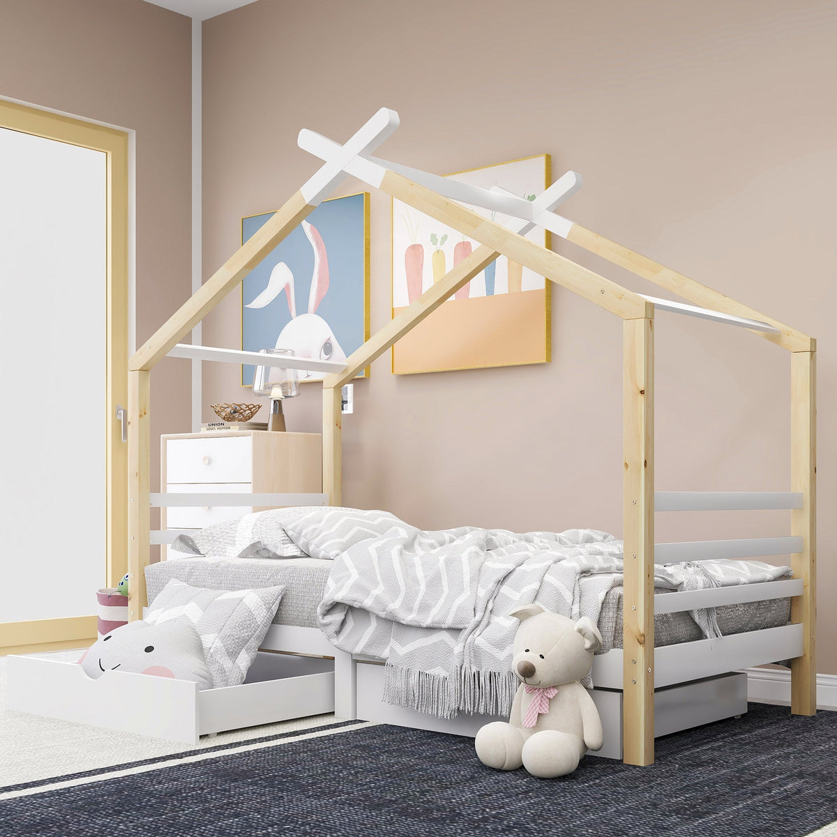 Children's Bed House Bed with Drawers, Solid Pine Wood, White + Wood Color