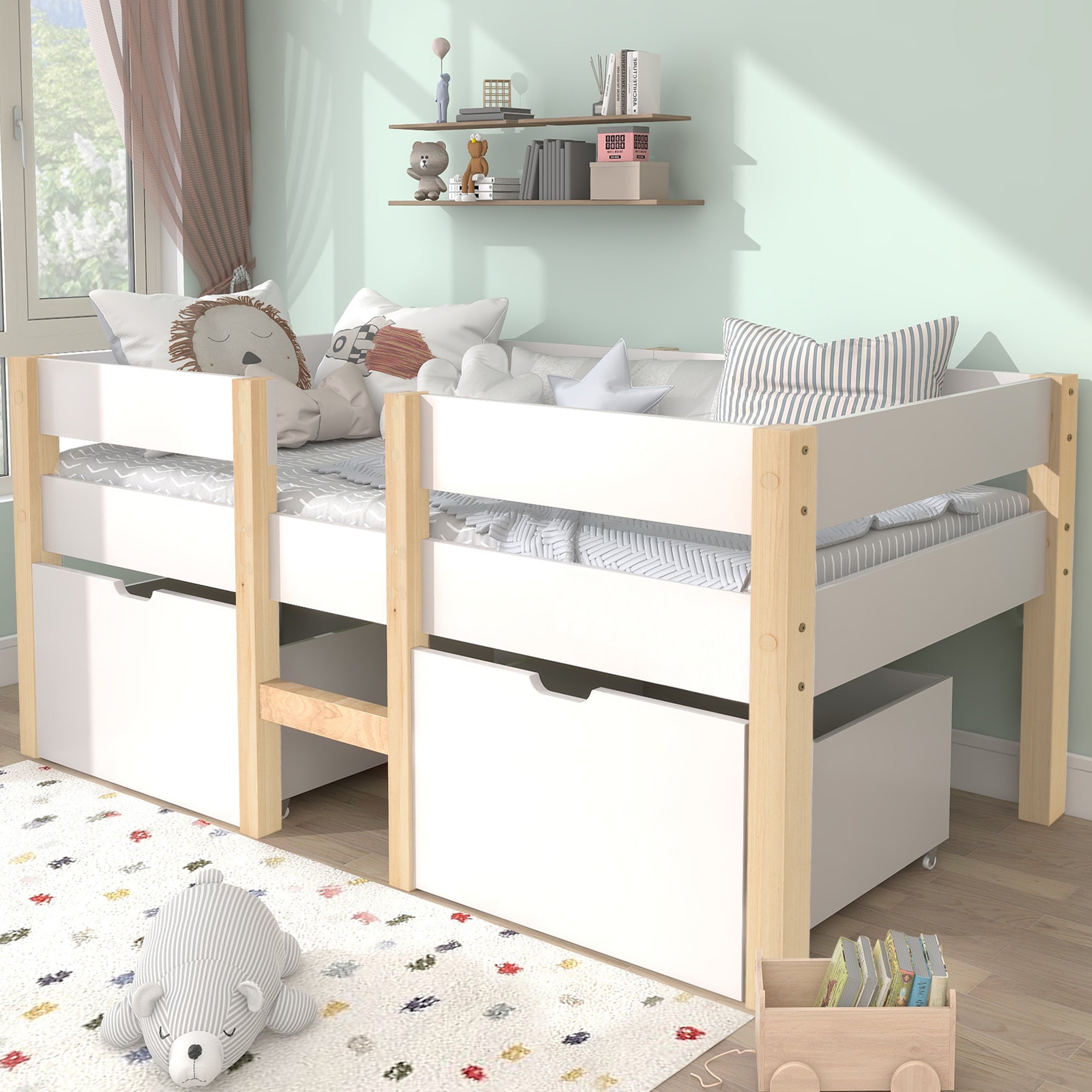 Children's Bed with Drawer and Fall Protection, 90x200 cm, Solid Pine Wood White & Oak