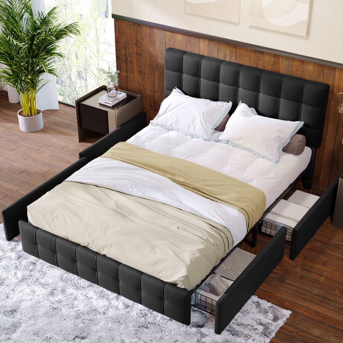 Upholstered Bed with 4 Drawers, Adjustable Headboard, 140x200cm, Black Linen