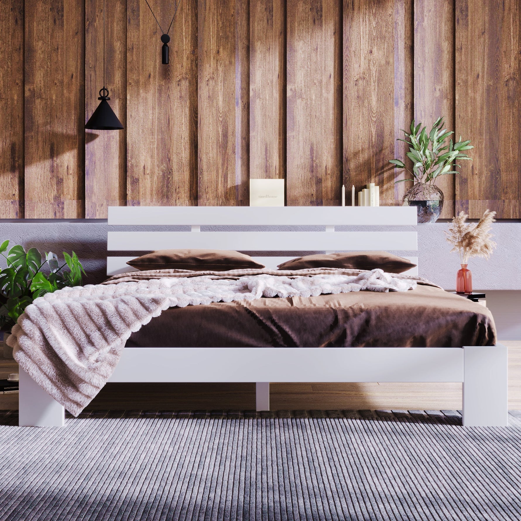 Wooden Double Bed with Headboard, Slatted Frame, Pine