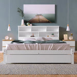 Double Bed with Drawers, Slatted Frame & Bookcase, 140x200cm White Solid Wood
