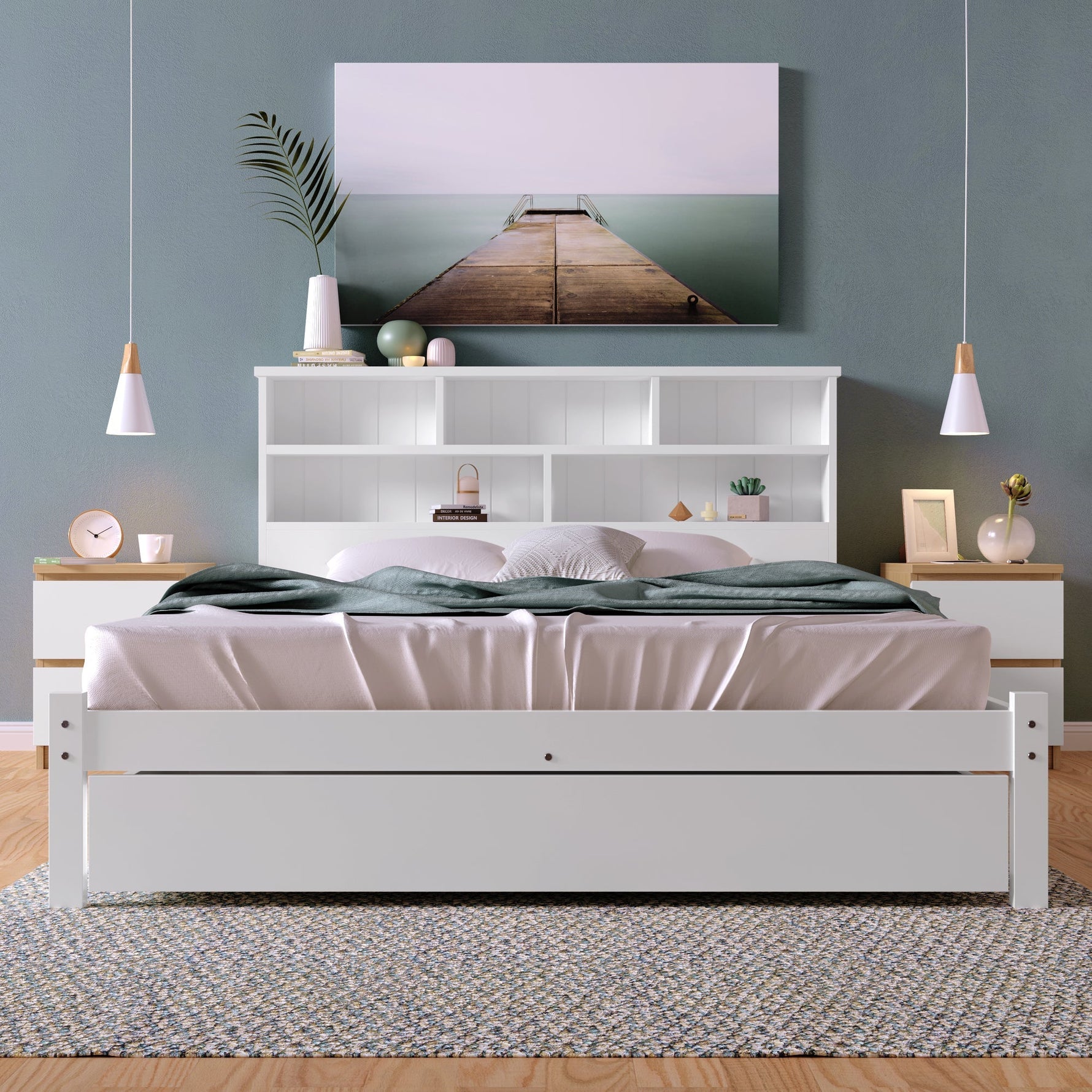 Double Bed with Drawers, Slatted Frame & Bookcase, 140x200cm White Solid Wood