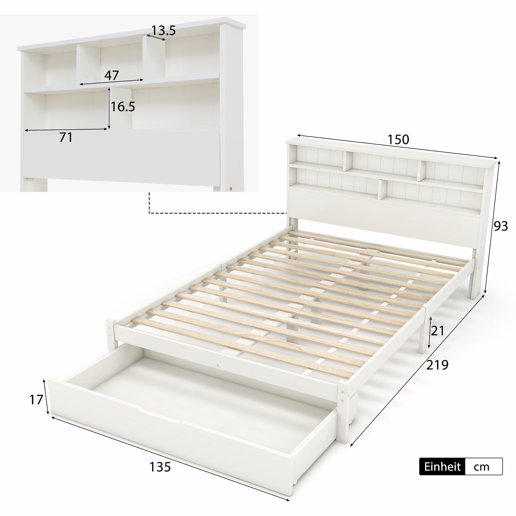 Double Bed with Drawers, Slatted Frame & Bookcase, 140x200cm White Solid Wood