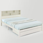 Double Bed with Drawers, Slatted Frame & Bookcase, 140x200cm White Solid Wood