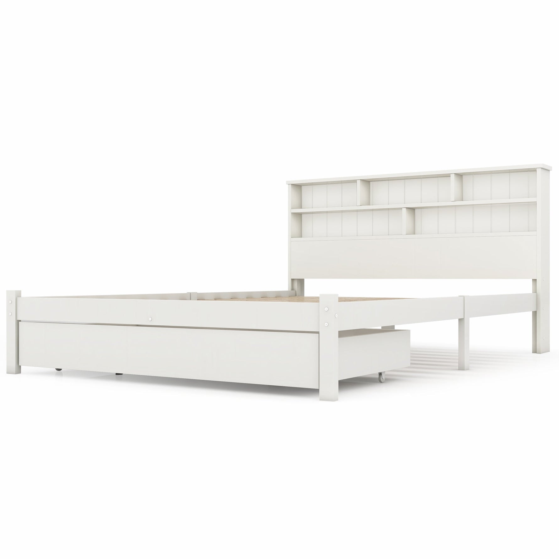 Double Bed with Drawers, Slatted Frame & Bookcase, 140x200cm White Solid Wood
