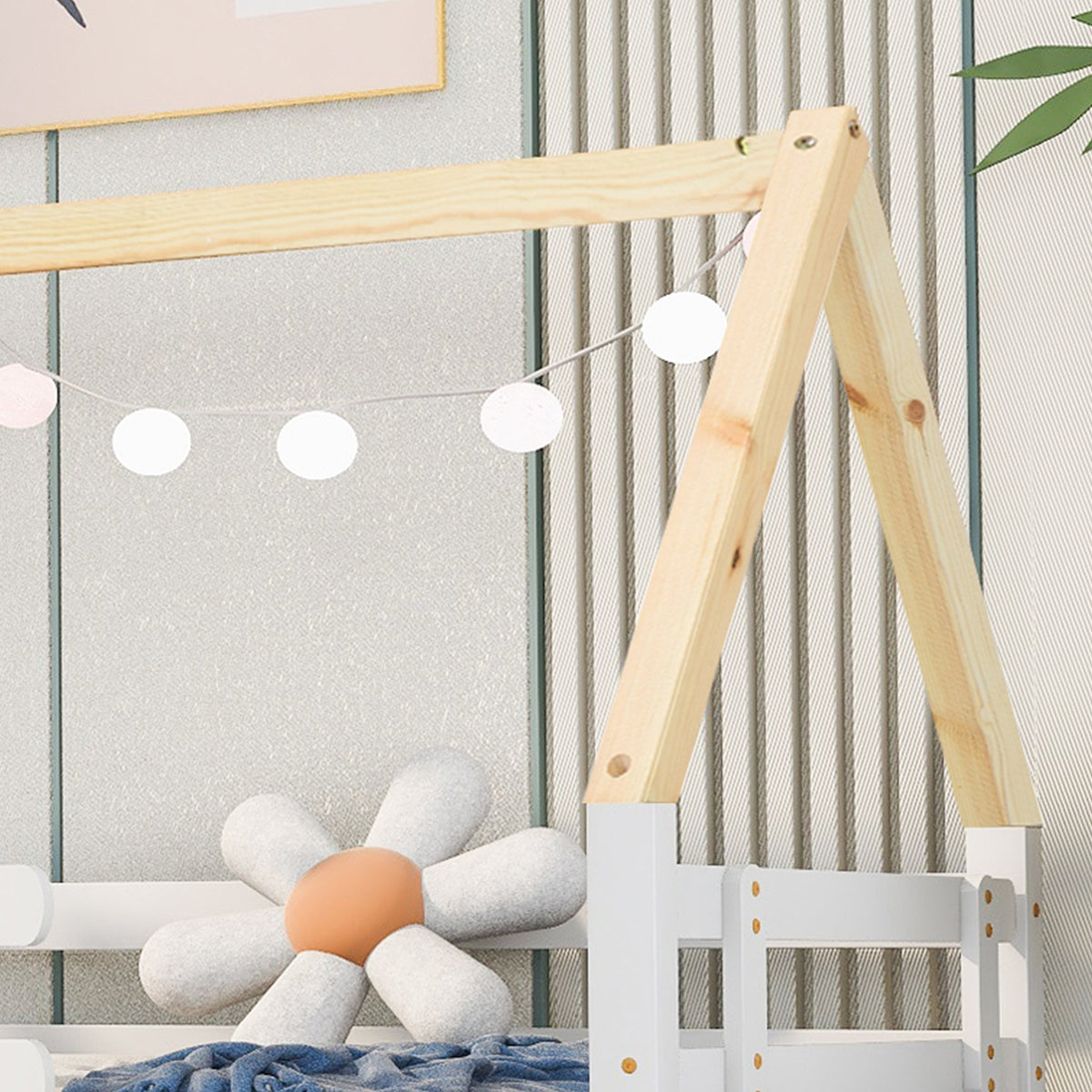 Treehouse Bed, Single with Pull-Out & Sliding Rollers, Solid Wood White & Natural