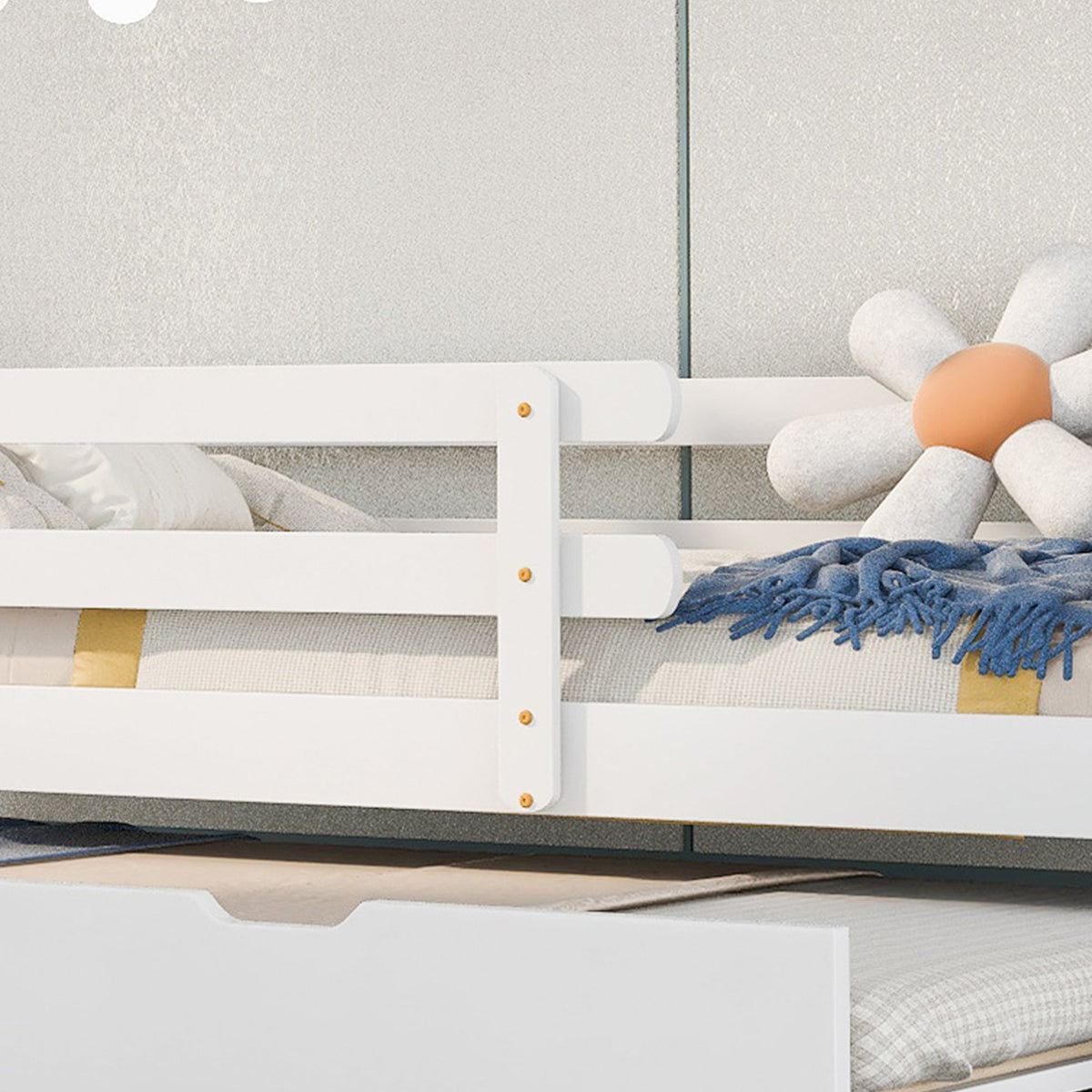 Treehouse Bed, Single with Pull-Out & Sliding Rollers, Solid Wood White & Natural