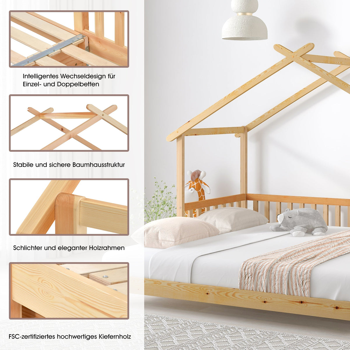 Treehouse Bed, Expandable Single to Double, Solid Wood, Natural