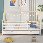 Treehouse Bed, Single with Pull-Out & Sliding Rollers, Solid Wood White & Natural