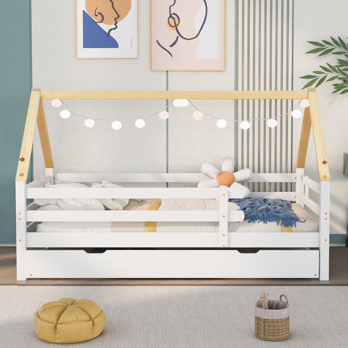 Treehouse Bed, Single with Pull-Out & Sliding Rollers, Solid Wood White & Natural