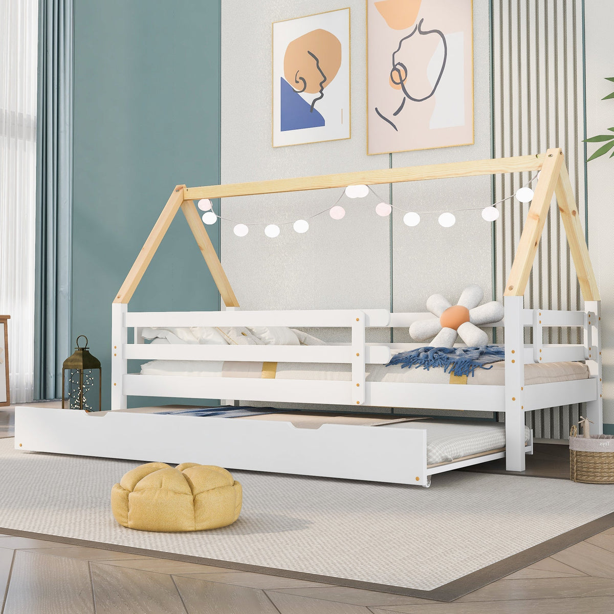 Treehouse Bed, Single with Pull-Out & Sliding Rollers, Solid Wood White & Natural