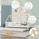 Treehouse Bed, Single with Pull-Out & Sliding Rollers, Solid Wood White & Natural