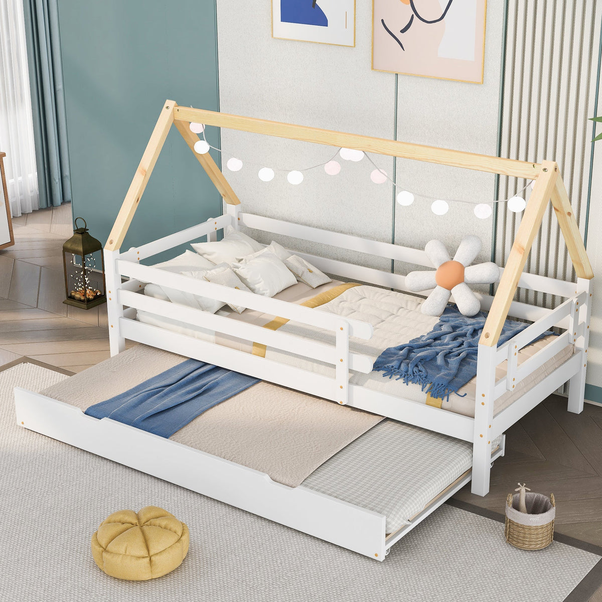 Treehouse Bed, Single with Pull-Out & Sliding Rollers, Solid Wood White & Natural
