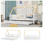 Treehouse Bed, Single with Pull-Out & Sliding Rollers, Solid Wood White & Natural