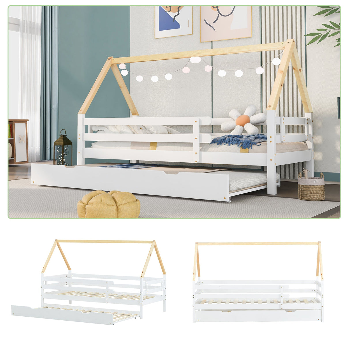 Treehouse Bed, Single with Pull-Out & Sliding Rollers, Solid Wood White & Natural