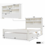 Solid Wood Single Bed with Drawers & Slatted Frame, Bookcase, White