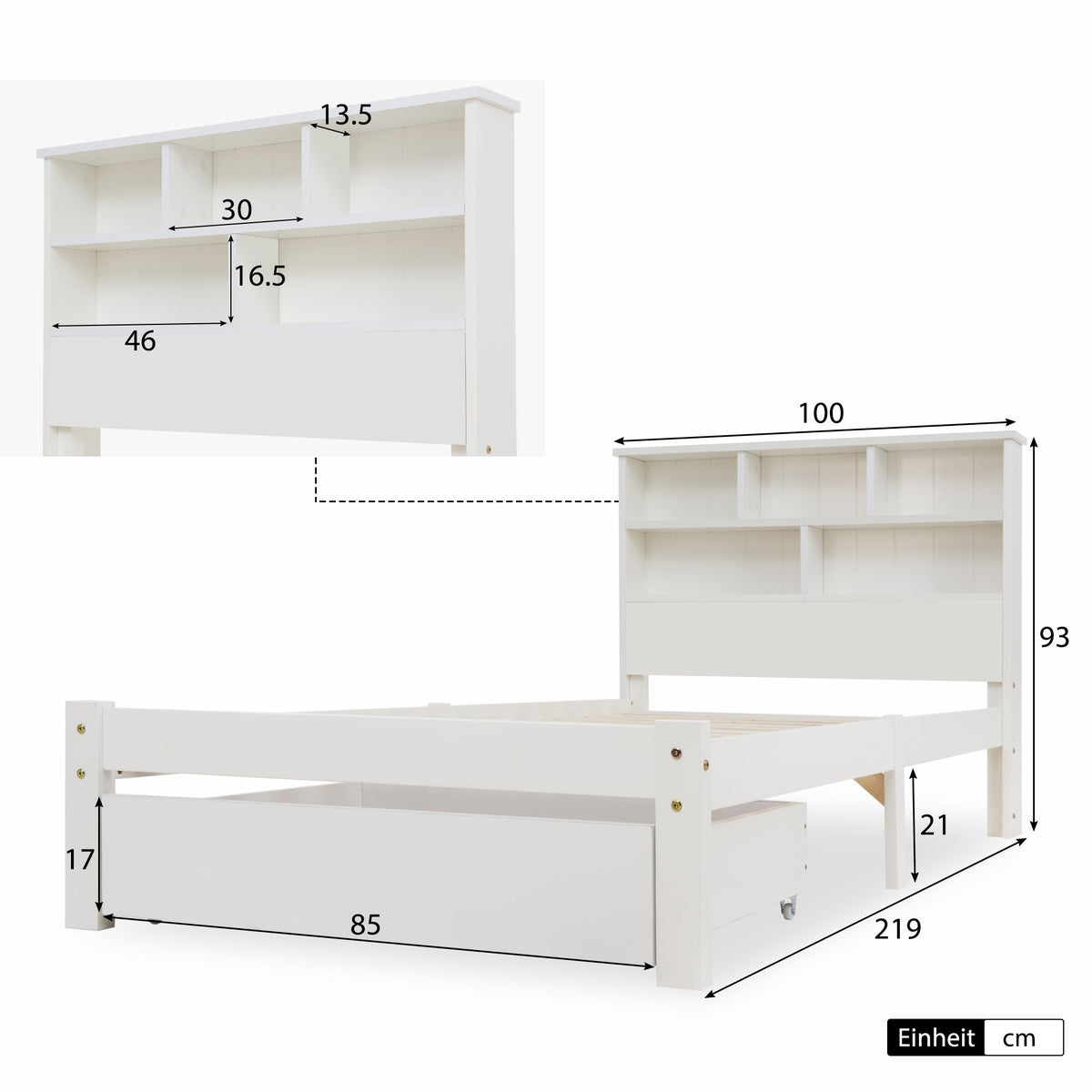 Solid Wood Single Bed with Drawers & Slatted Frame, Bookcase, White