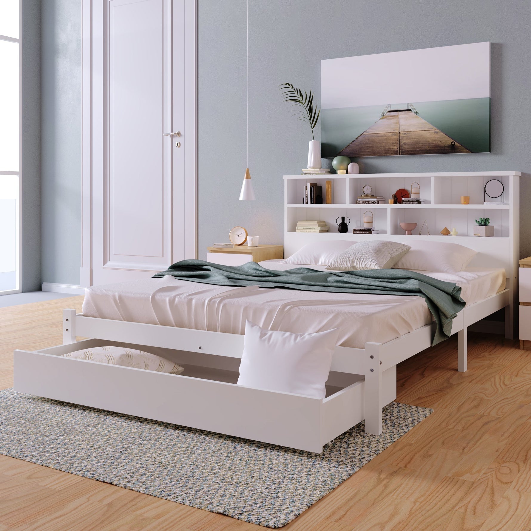 Double Bed with Drawers, Slatted Frame & Bookcase, 140x200cm White Solid Wood