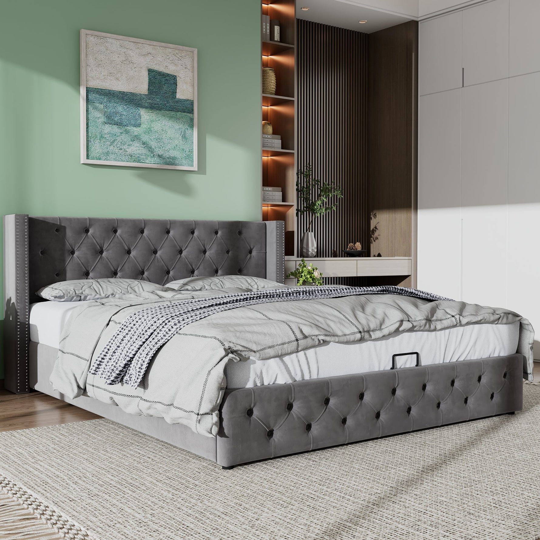 Upholstered Bed 180x200cm Double Hydraulic Lift Storage Ear-Shape Velvet Grey