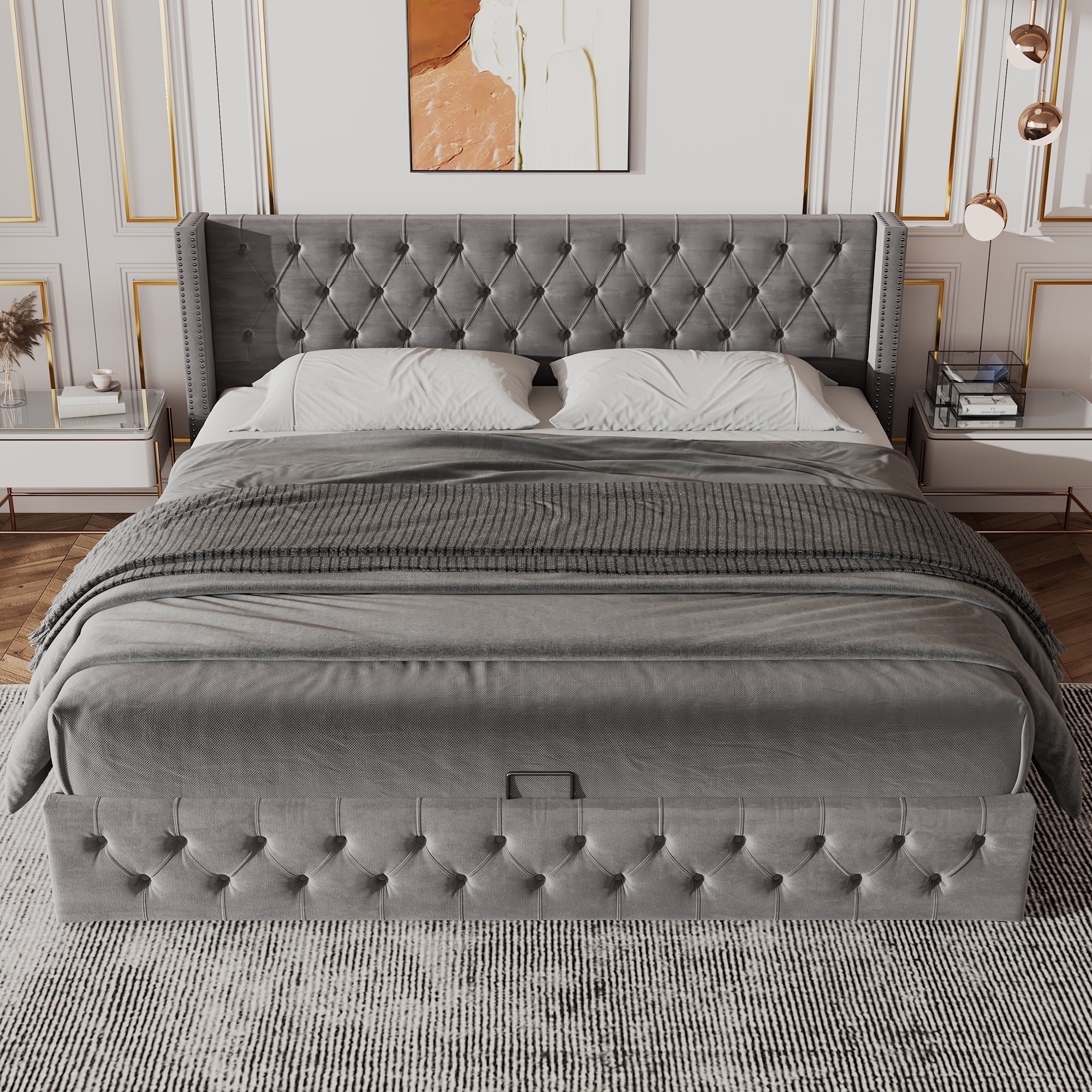 Upholstered Bed with Ear-Shaped Headboard and Hydraulic Storage, 140x200cm, Grey Flannel