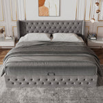 Upholstered Bed with Ear-Shaped Headboard and Hydraulic Storage, 140x200cm, Grey Flannel