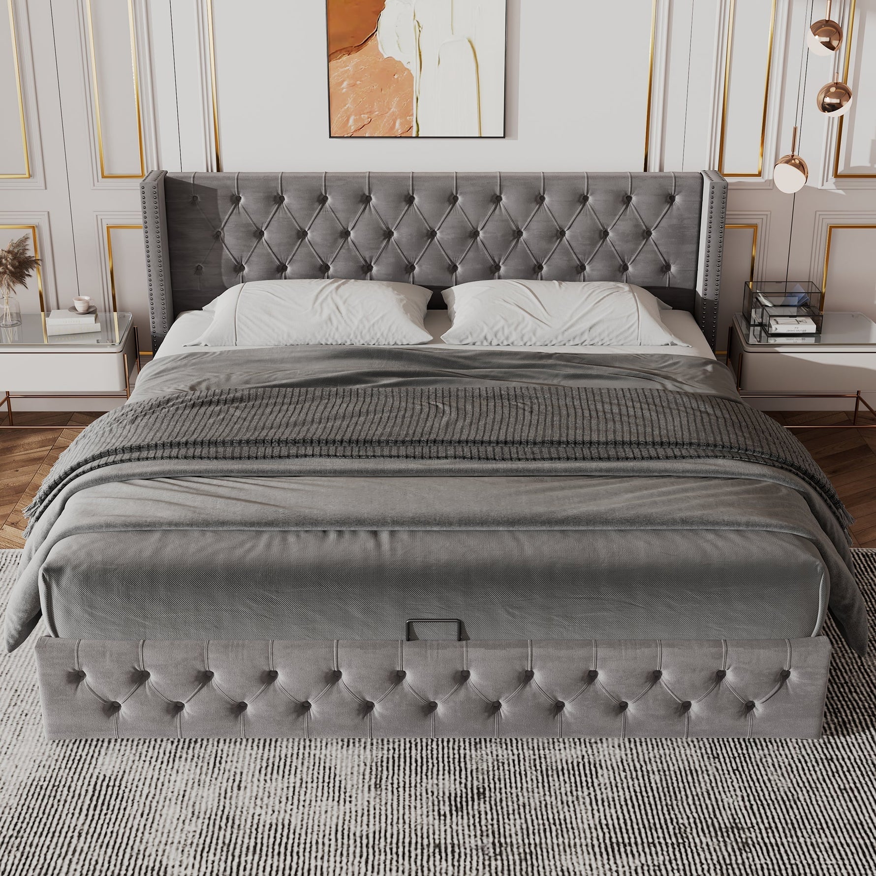 Upholstered Bed with Ear-Shaped Headboard and Hydraulic Storage, 140x200cm, Grey Flannel