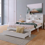 Solid Wood Single Bed with Drawers & Slatted Frame, Bookcase, White