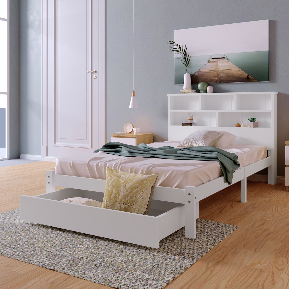 Solid Wood Single Bed with Drawers & Slatted Frame, Bookcase, White