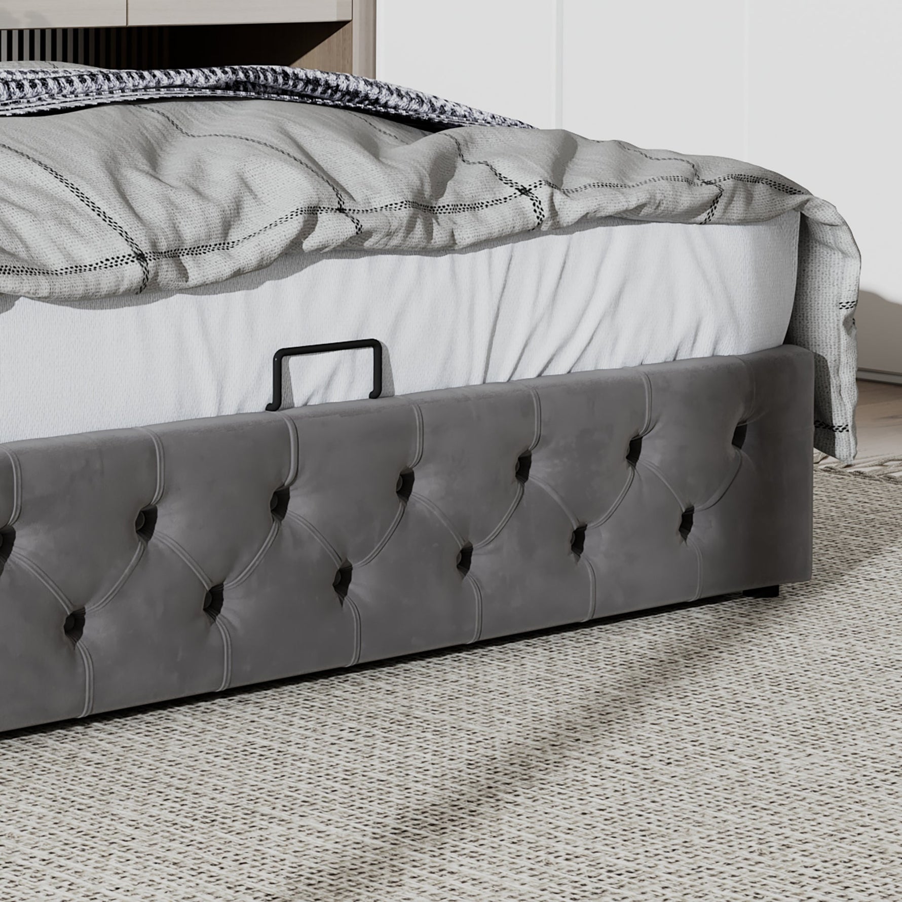 Upholstered Bed with Ear-Shaped Headboard and Hydraulic Storage, 140x200cm, Grey Flannel