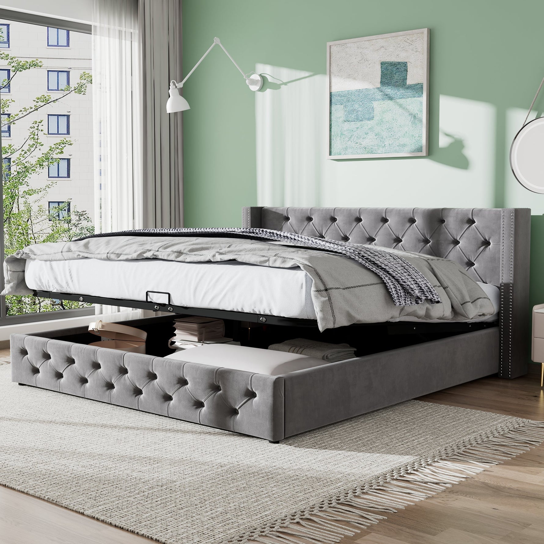 Upholstered Bed with Ear-Shaped Headboard and Hydraulic Storage, 140x200cm, Grey Flannel