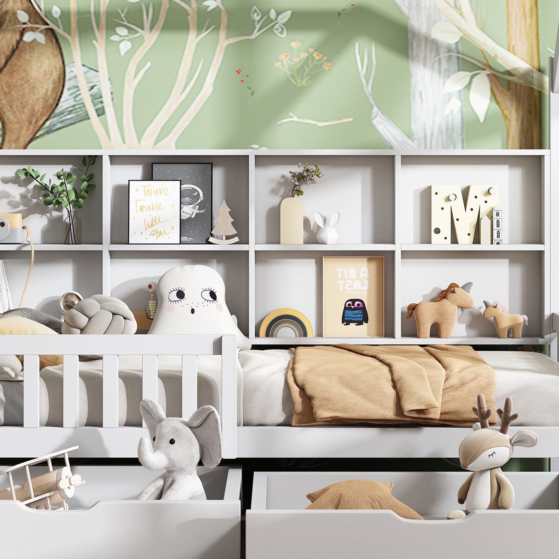 House Bed 90x200cm Multifunctional Storage Bookshelf 2 Drawers Fireplace Shape - White