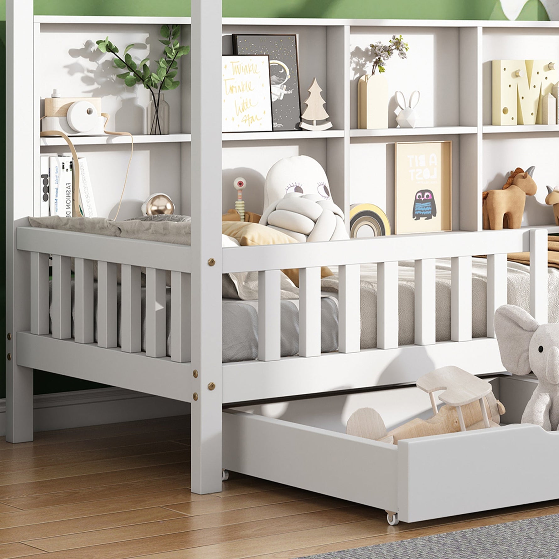 House Bed 90x200cm Multifunctional Storage Bookshelf 2 Drawers Fireplace Shape - White