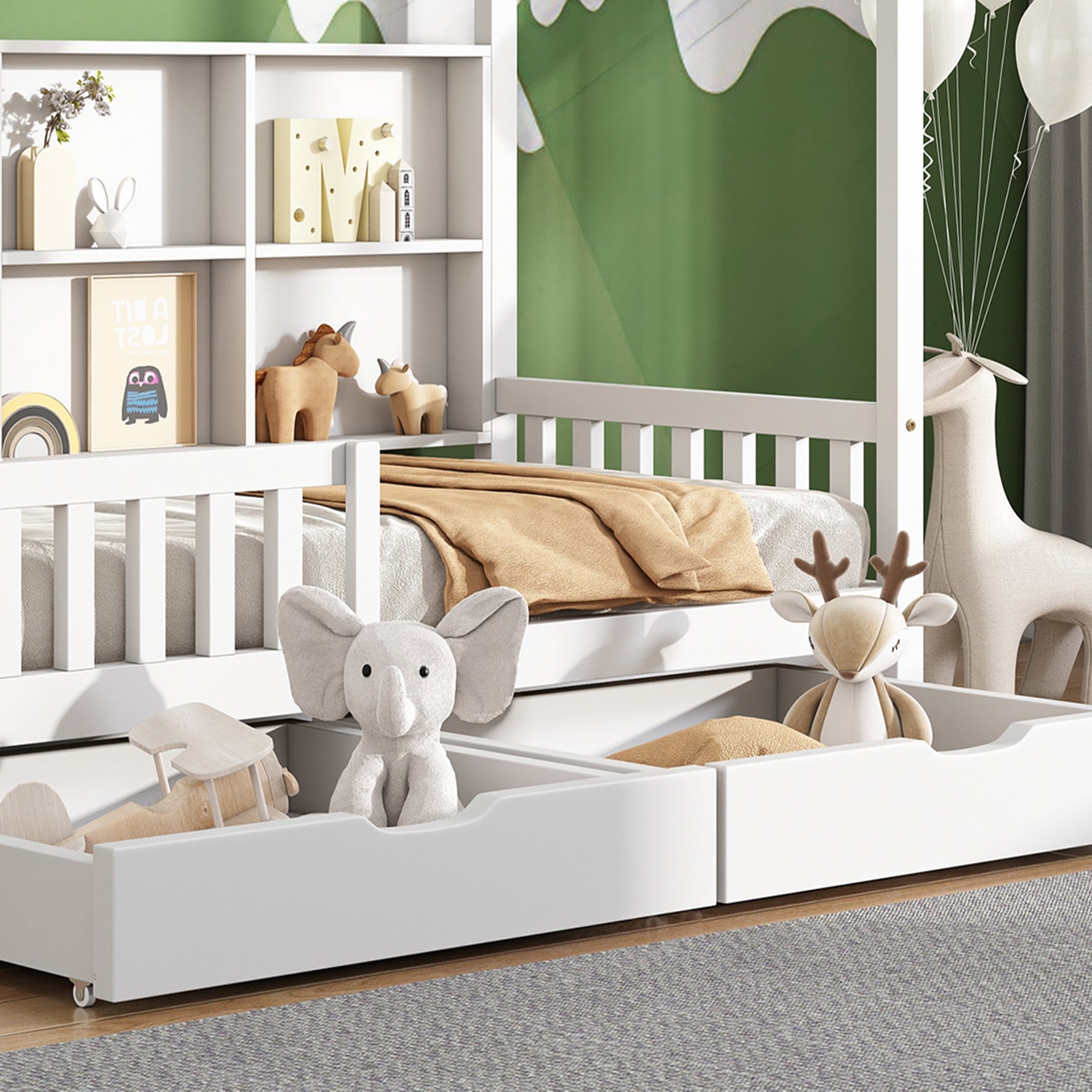 House Bed 90x200cm Multifunctional Storage Bookshelf 2 Drawers Fireplace Shape - White