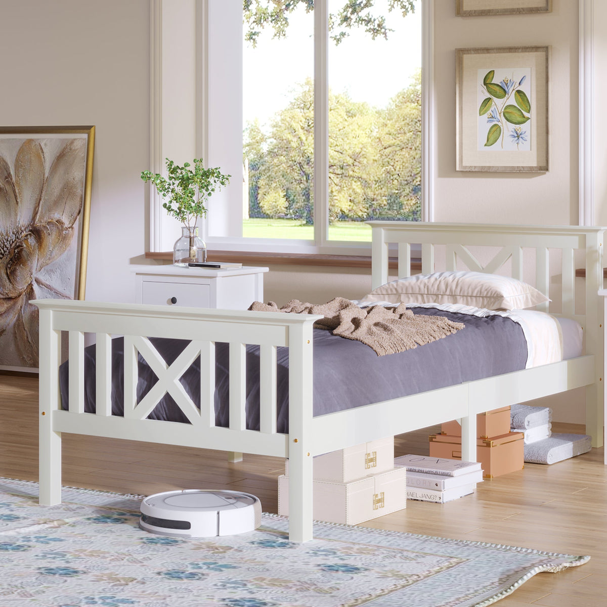 Wooden Bed Single, Bed Frame with Slatted Frame and Headboard, 90 x 200 cm, Solid Pine White