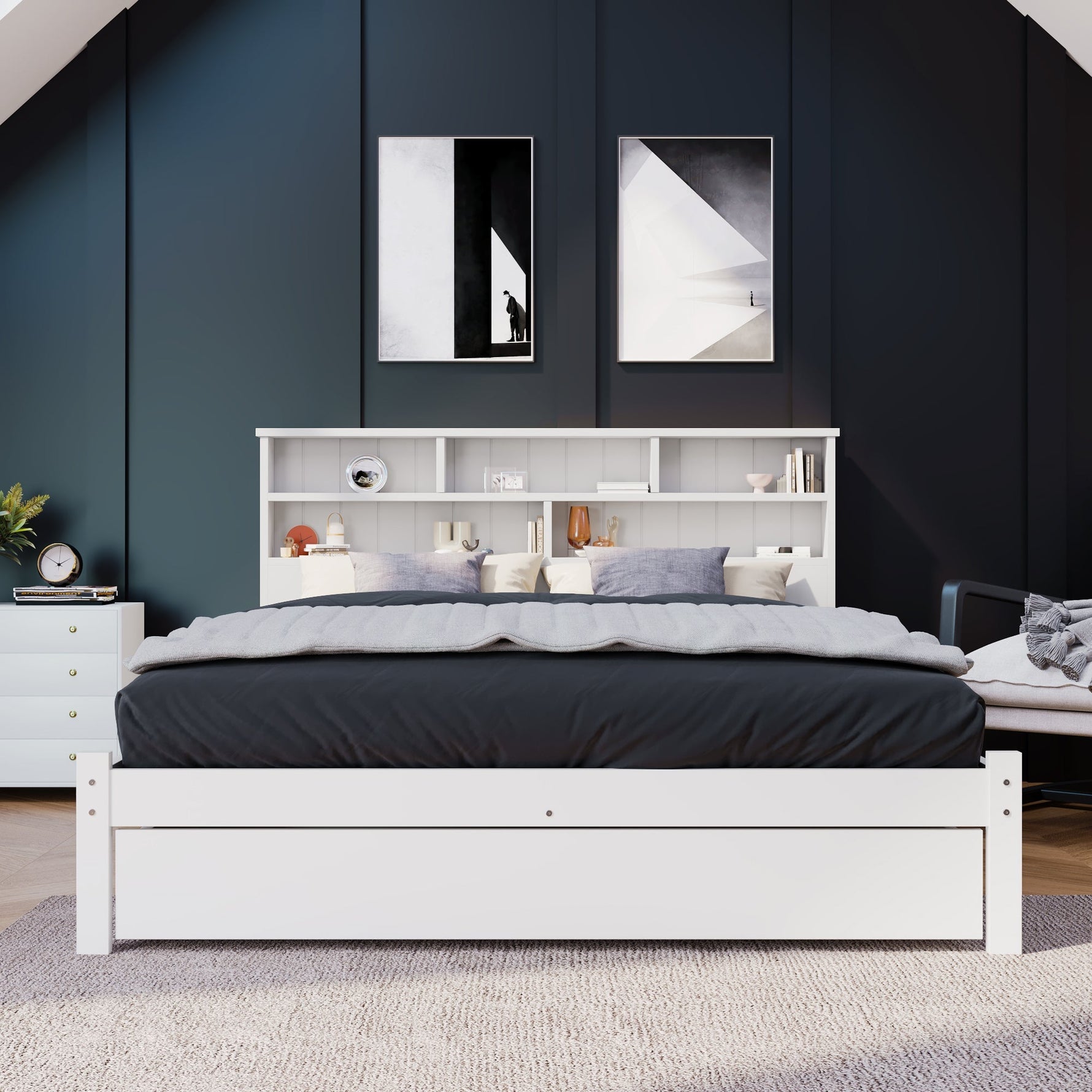 Double Bed with Drawers, Slatted Frame & Bookcase, 140x200cm White Solid Wood