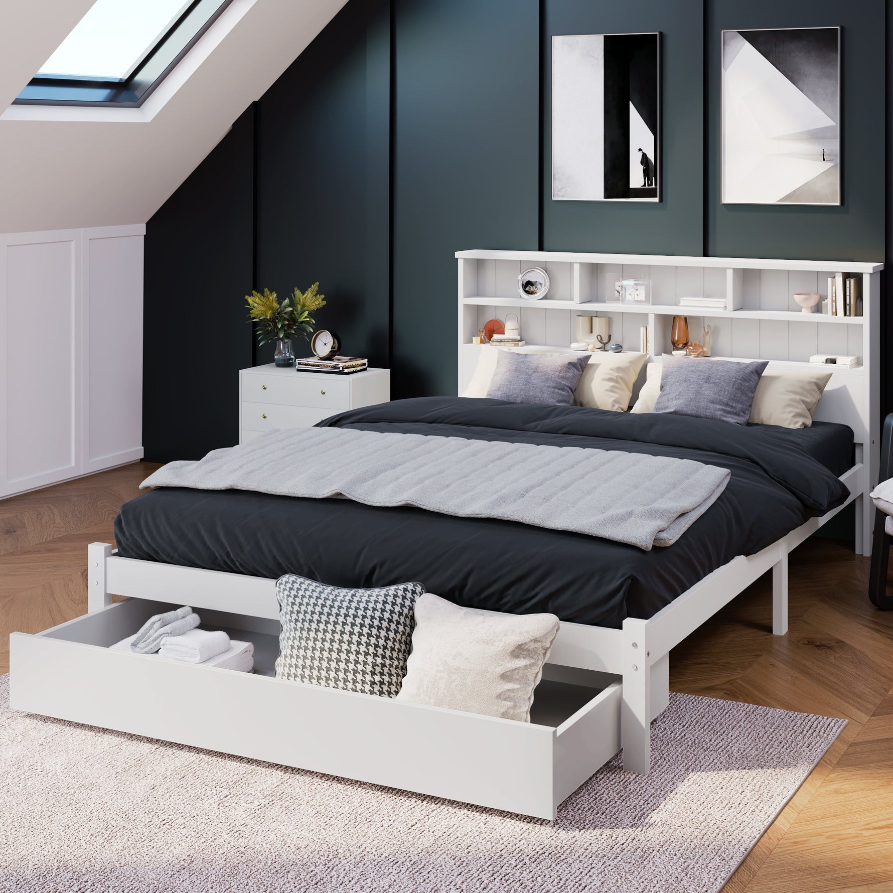 Double Bed with Drawers, Slatted Frame & Bookcase, 140x200cm White Solid Wood