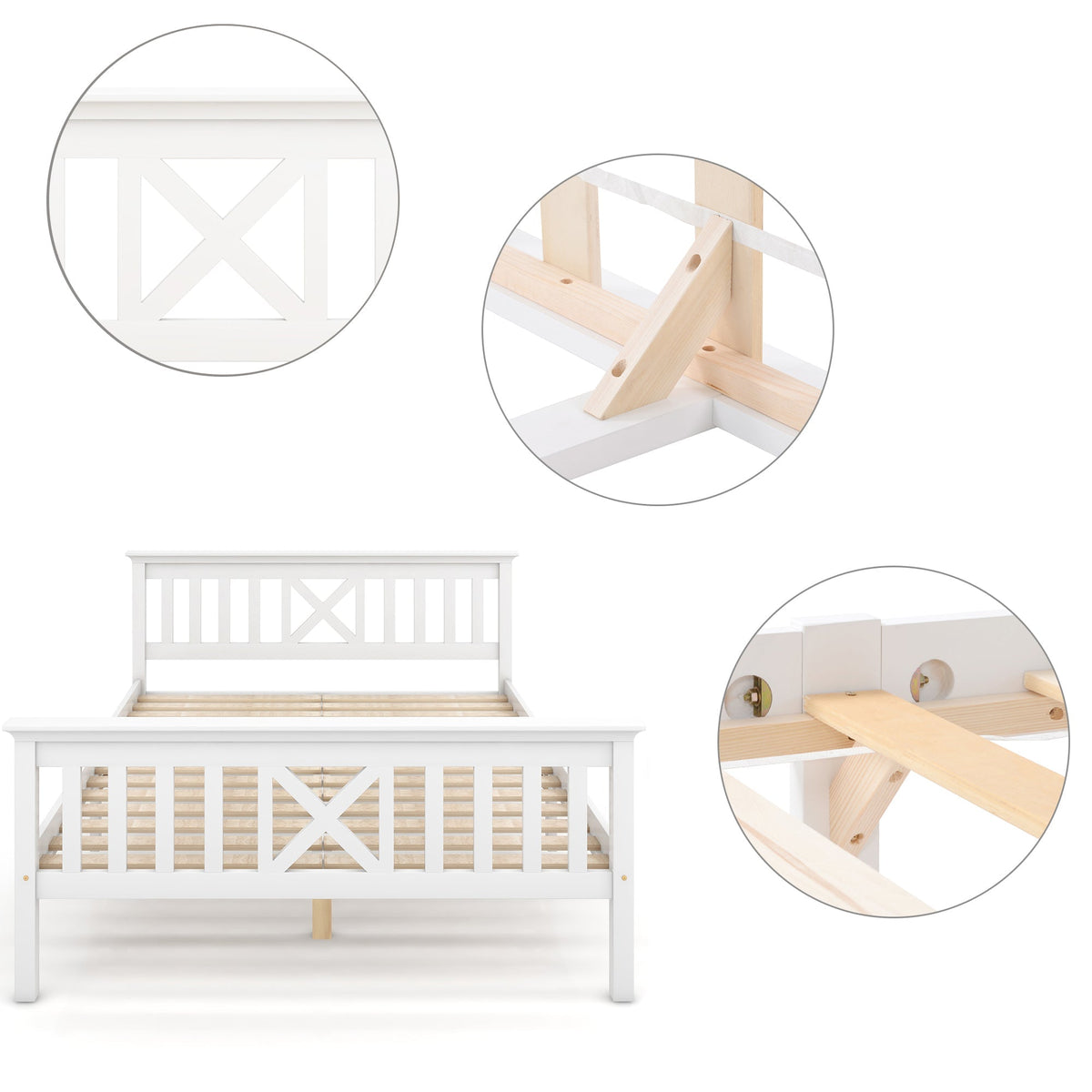 Wooden Bed Single, Bed Frame with Slatted Frame and Headboard, 90 x 200 cm, Solid Pine White