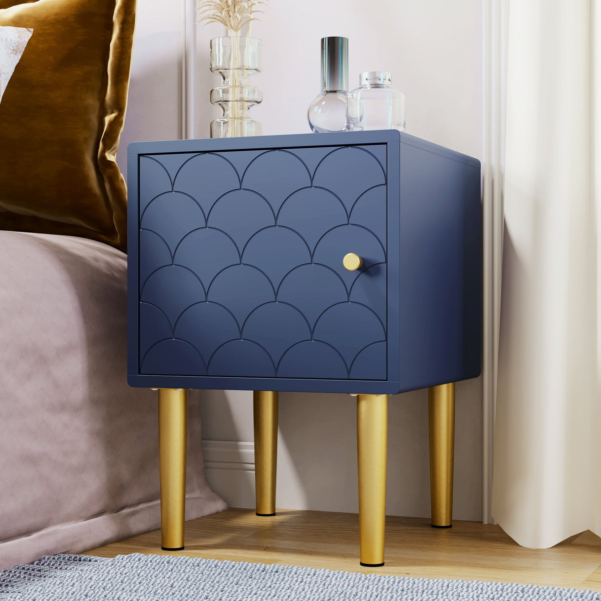 set of 2 bedside tables, nightstand side table, sofa table, h50/w35/d35 cm, navy blue