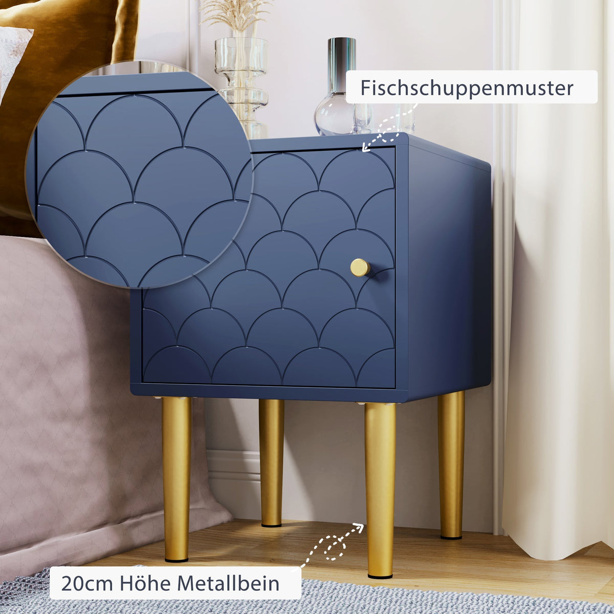set of 2 bedside tables, nightstand side table, sofa table, h50/w35/d35 cm, navy blue