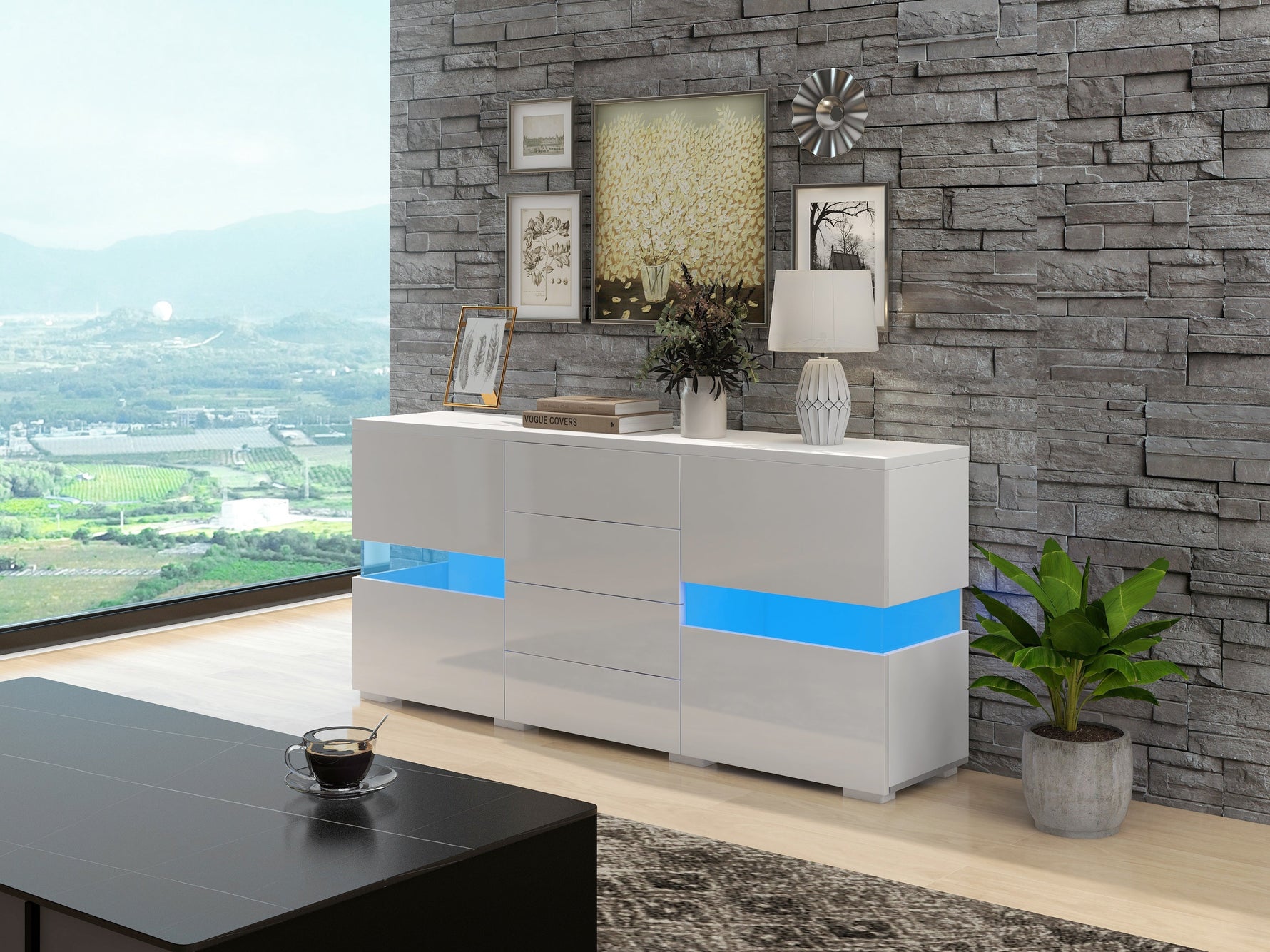 Sideboard Storage Cabinet 16 Color LED Lights - High-Gloss White
