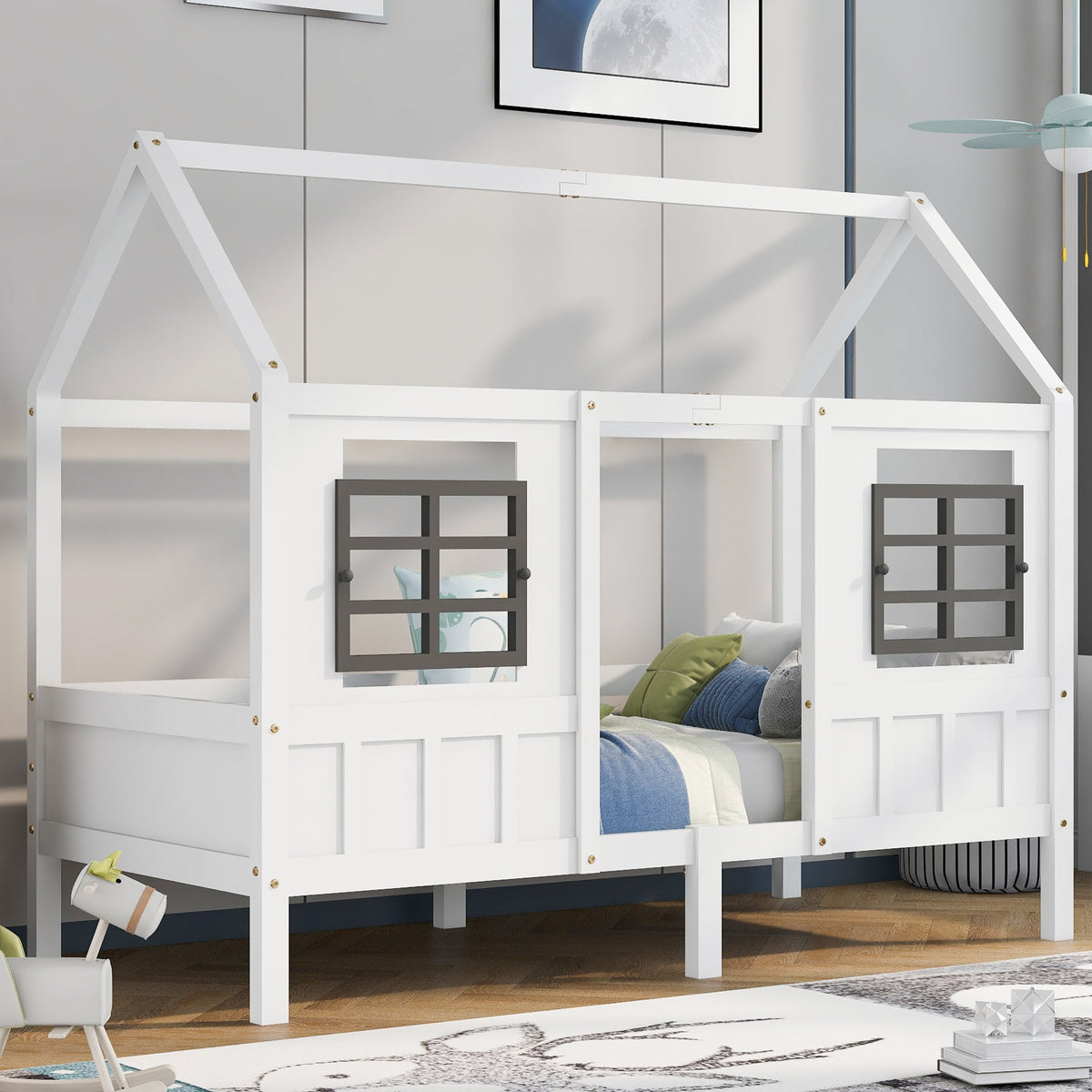 House Bed, Single Day Children's Bed with 2 Windows, Pine MDF, White