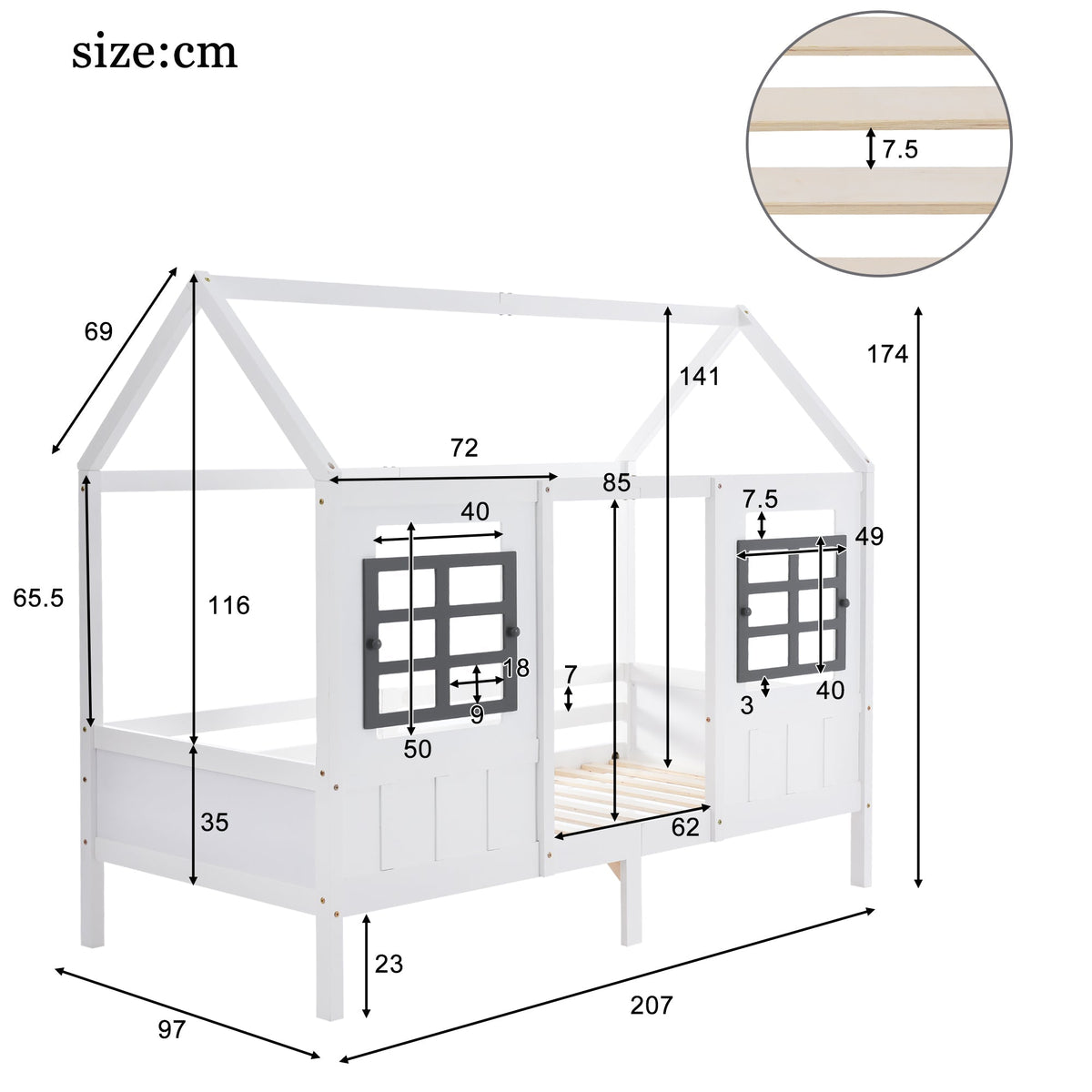House Bed, Single Day Children's Bed with 2 Windows, Pine MDF, White
