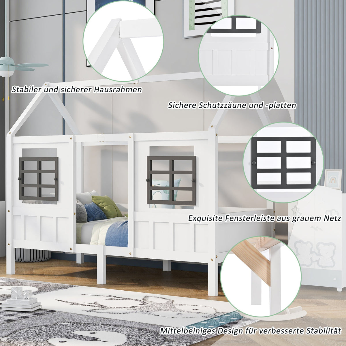 House Bed, Single Day Children's Bed with 2 Windows, Pine MDF, White
