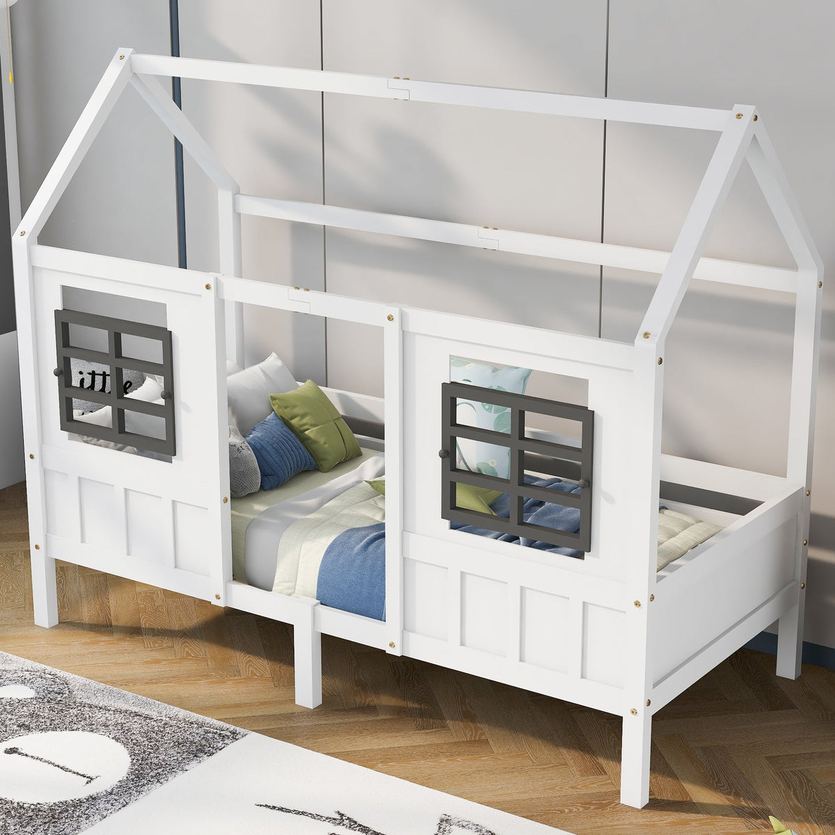 House Bed, Single Day Children's Bed with 2 Windows, Pine MDF, White