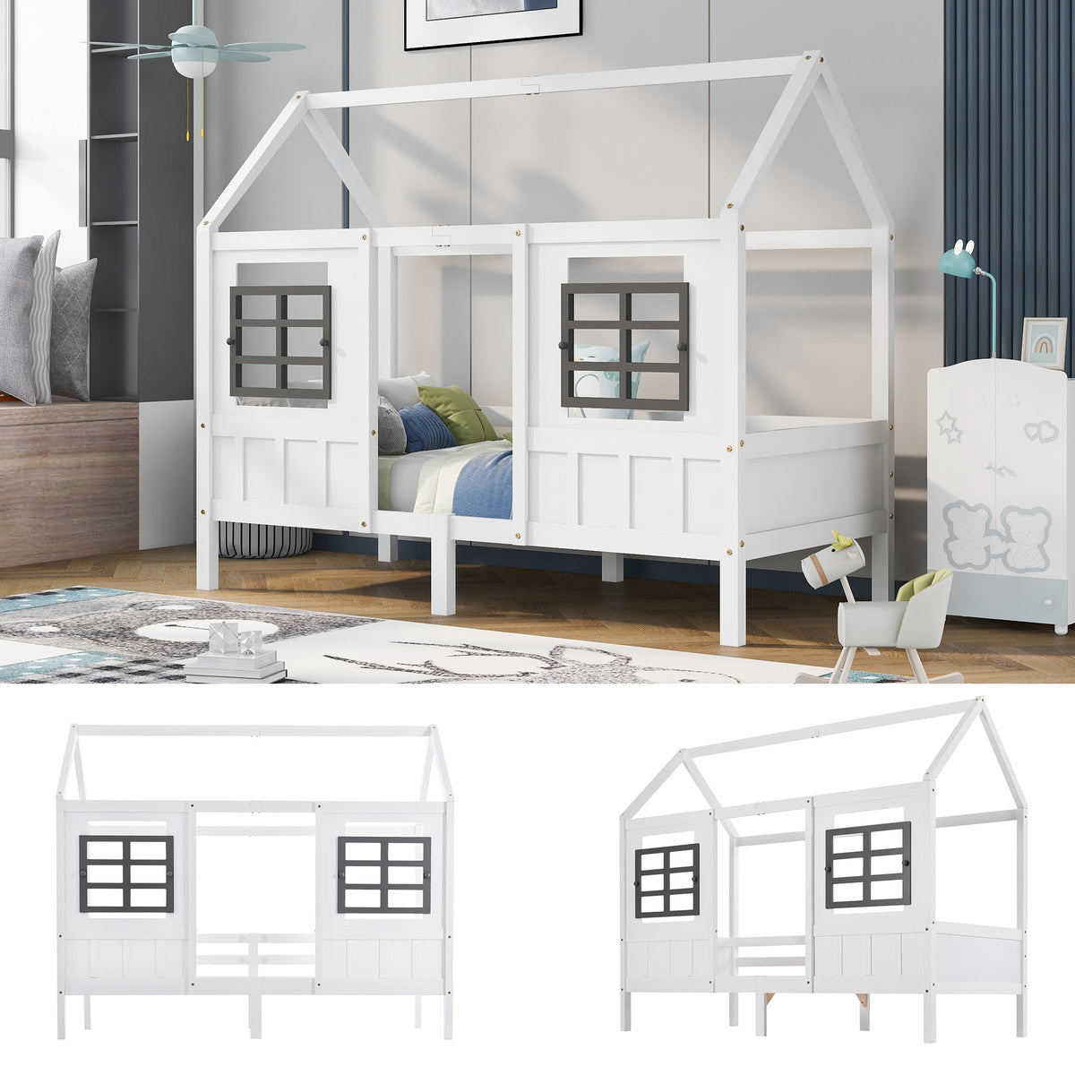 House Bed, Single Day Children's Bed with 2 Windows, Pine MDF, White