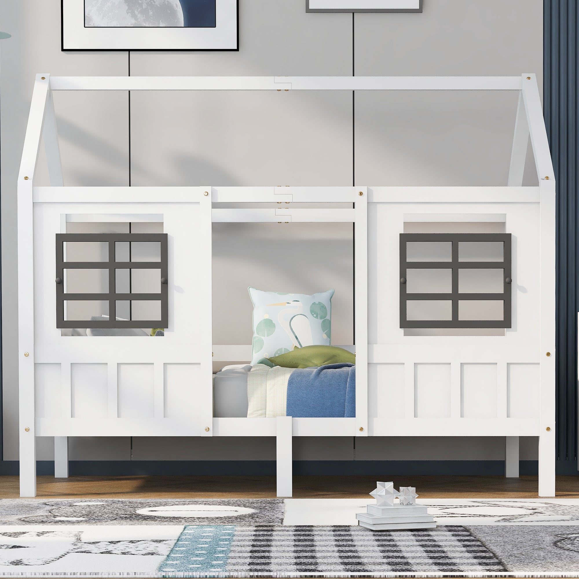 House Bed, Single Day Children's Bed with 2 Windows, Pine MDF, White