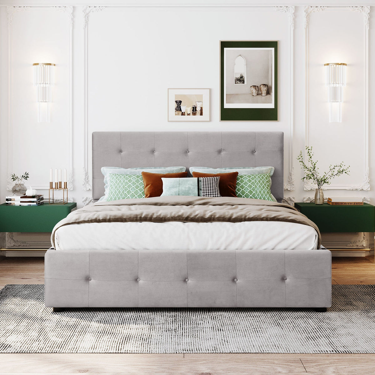 Upholstered Bed, 140x200cm Double with Drawers, Slatted Frame, Backrest, Velvet Fabric Gray