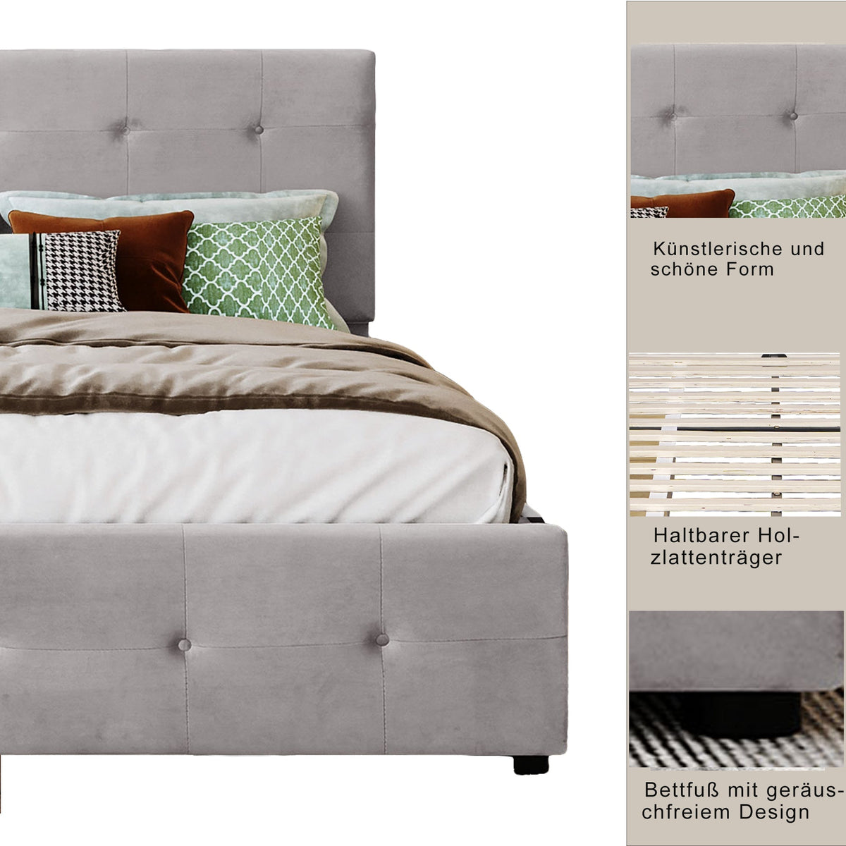 Upholstered Bed, 140x200cm Double with Drawers, Slatted Frame, Backrest, Velvet Fabric Gray