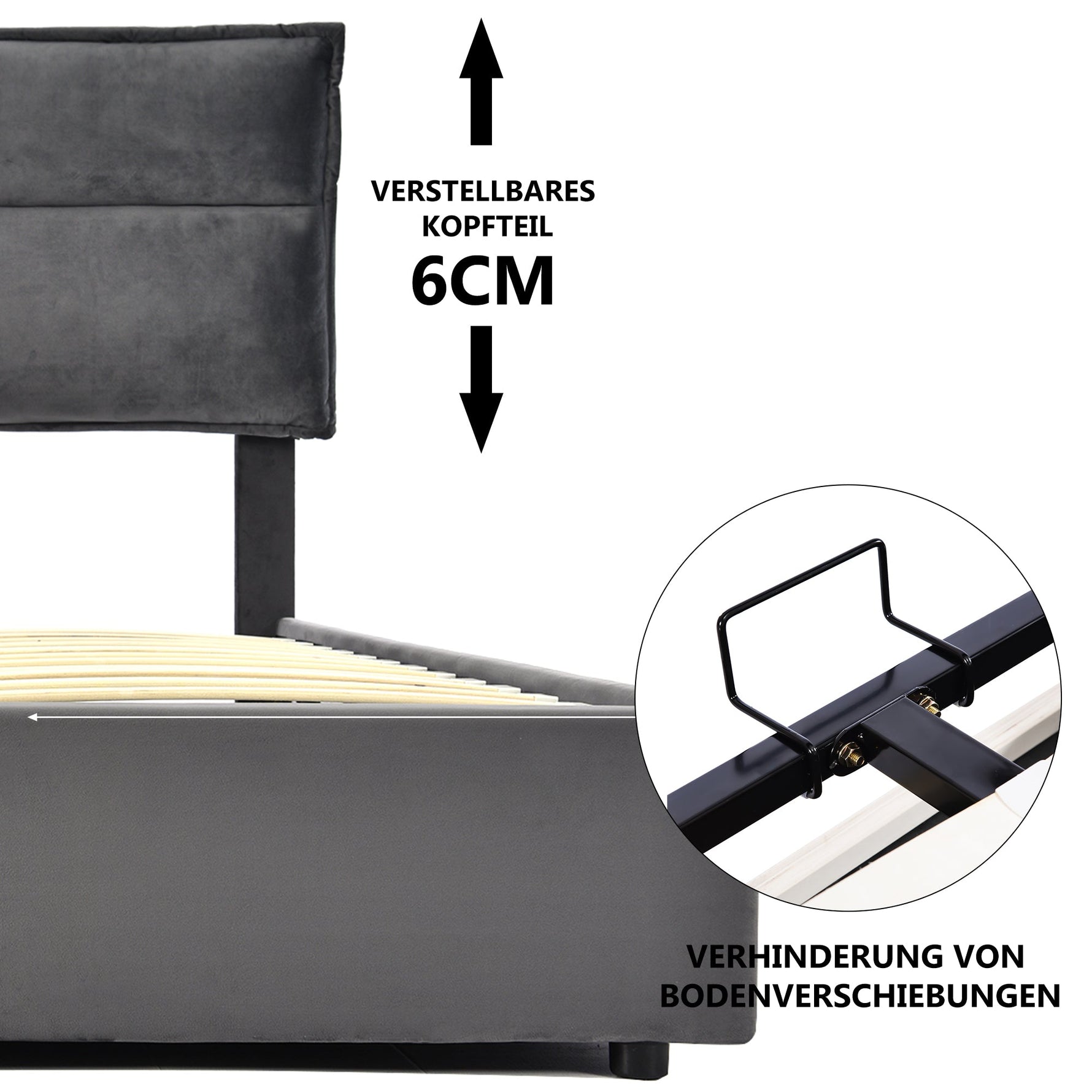 Hydraulic Double Upholstered Bed 140x200cm, Adjustable Headboard, Storage, Gray Velvet