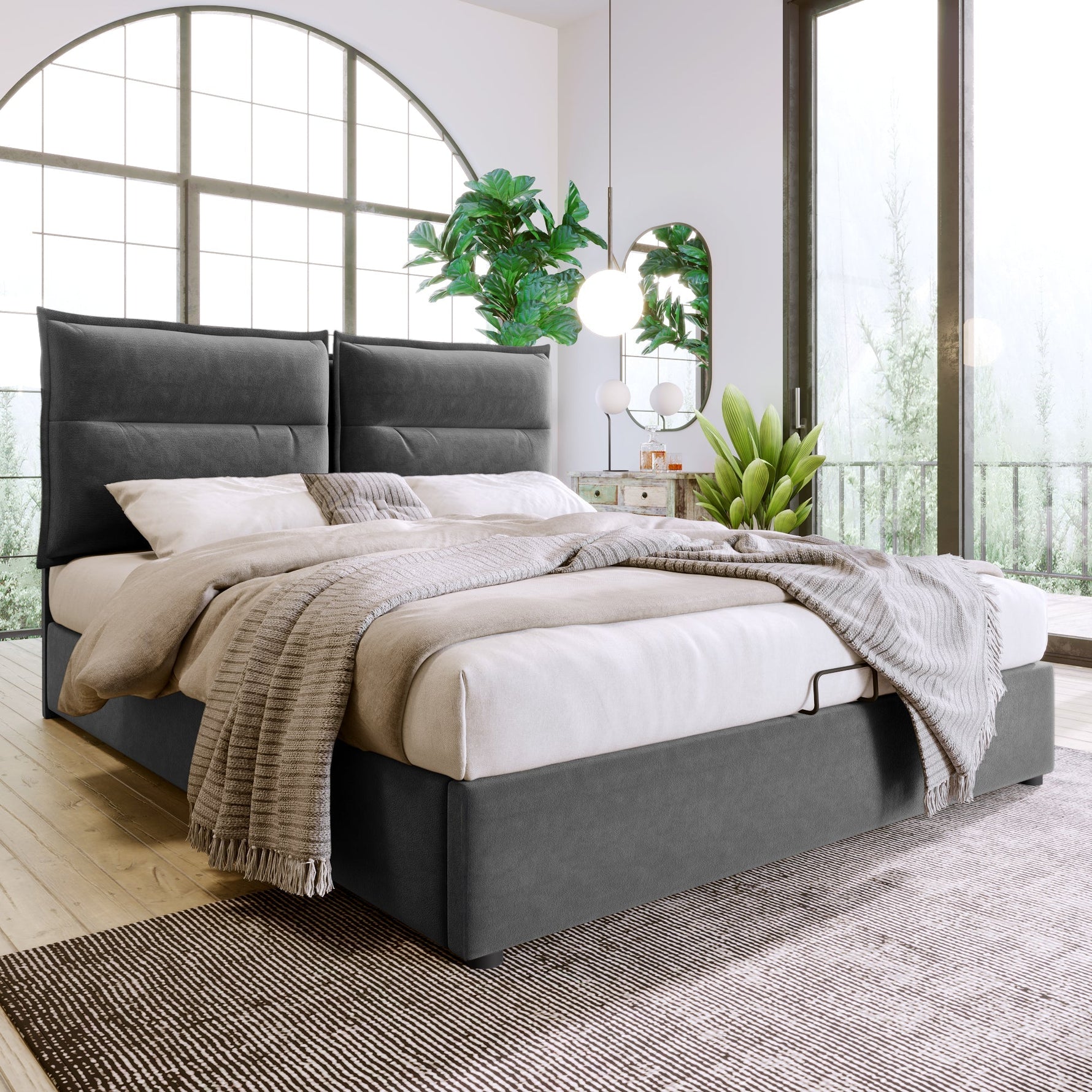 Hydraulic Double Upholstered Bed 140x200cm, Adjustable Headboard, Storage, Gray Velvet